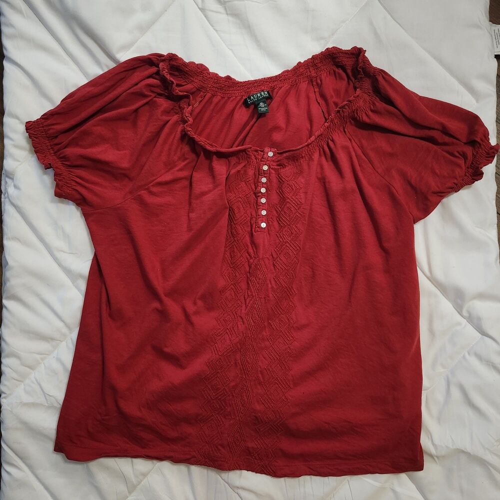 Lauren Ralph Lauren 100% Cotton Red Embroidered Blouse Size 3XL